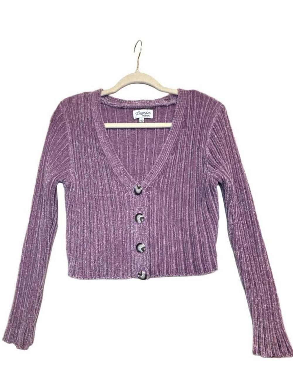 Witchy 90s Lavender Moon Cardigan Size S Purple Velour Ribbed Crop